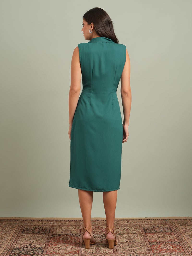 globus Globus Women Green Notch Lapel Solid Pleated Detail Midi Workwear Blazer Dress  - Image 3