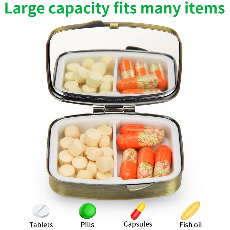 Urekt Small Pill Case,(2 Pack) 2 Compartment Pill Box with Mirror Portable Pill Box for Purse, Mini Pill Container Medicine Case for Vitamin, Cod Liver Oil, Supplement (Silver, Bronze) - Image 4