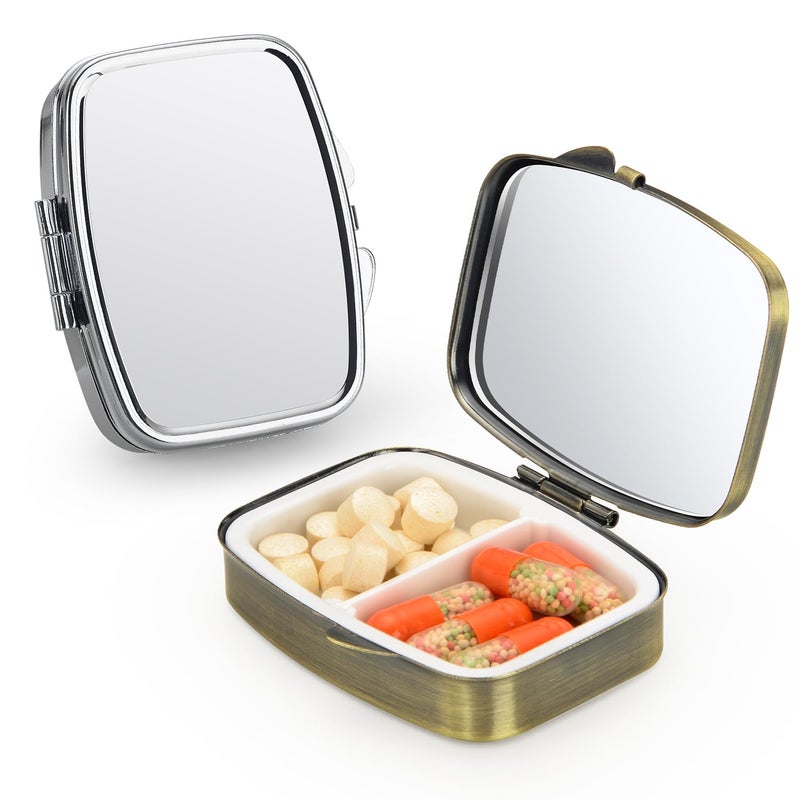 Urekt Small Pill Case,(2 Pack) 2 Compartment Pill Box with Mirror Portable Pill Box for Purse, Mini Pill Container Medicine Case for Vitamin, Cod Liver Oil, Supplement (Silver, Bronze) - Image 1
