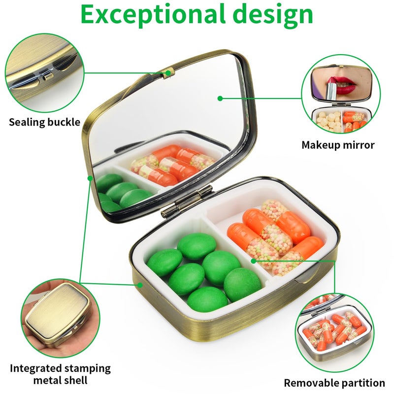 Urekt Small Pill Case,(2 Pack) 2 Compartment Pill Box with Mirror Portable Pill Box for Purse, Mini Pill Container Medicine Case for Vitamin, Cod Liver Oil, Supplement (Silver, Bronze) - Image 3