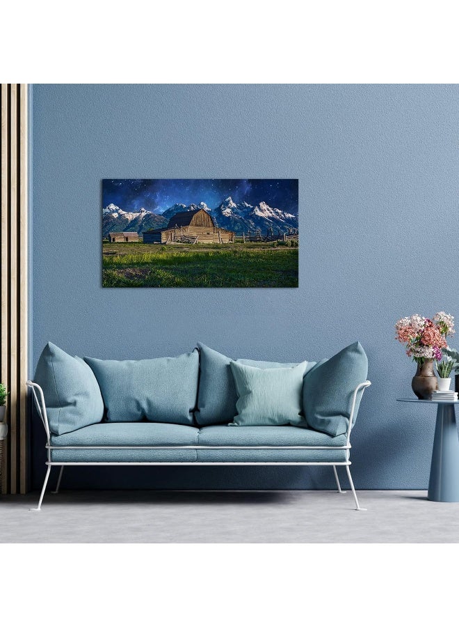 Home Trove Grand Teton National Park Picture Canvas Wall Art Moulton Barn At Starry Night View Poster Prints Usa Landscape Wyoming Artwork For Home Living Room Decor Framed Ready To Hang 20"X36" - Image 5
