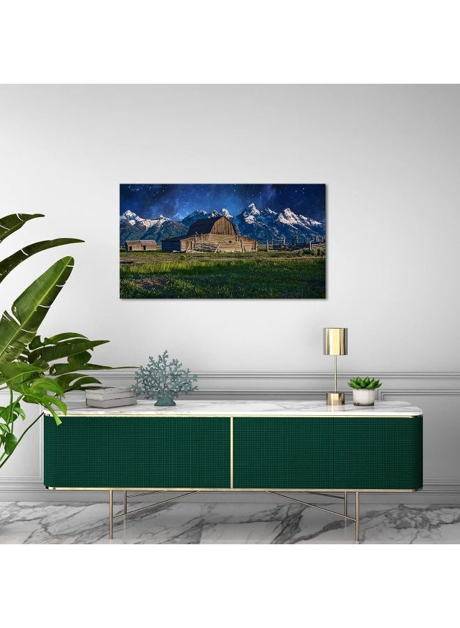 Home Trove Grand Teton National Park Picture Canvas Wall Art Moulton Barn At Starry Night View Poster Prints Usa Landscape Wyoming Artwork For Home Living Room Decor Framed Ready To Hang 20"X36" - Image 2
