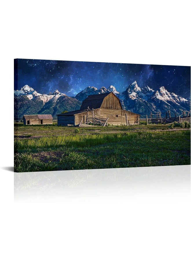 Home Trove Grand Teton National Park Picture Canvas Wall Art Moulton Barn At Starry Night View Poster Prints Usa Landscape Wyoming Artwork For Home Living Room Decor Framed Ready To Hang 20"X36" - Image 1