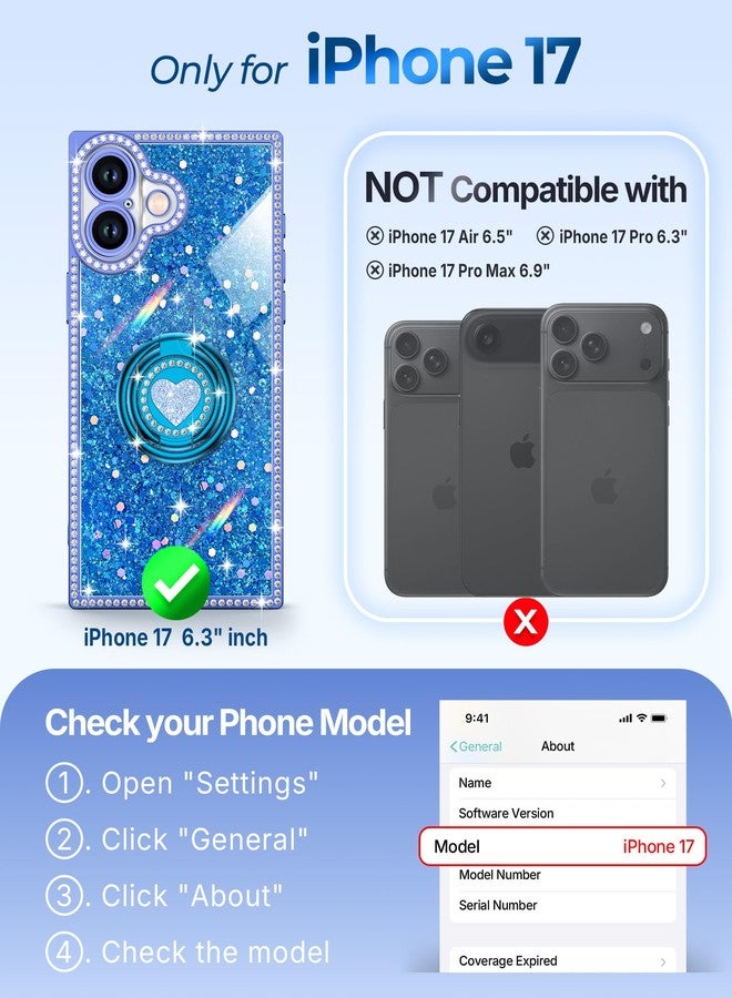 XYZ for iPhone 17 Case, Glitter Bling Phone Cover with 2-Ring Heart Stand & Lanyard, Women Girls Luxury Rhinestone Shockproof Protective Case for iPhone 17, Blue - Image 2