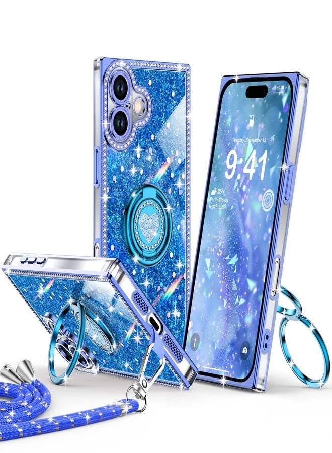 XYZ for iPhone 17 Case, Glitter Bling Phone Cover with 2-Ring Heart Stand & Lanyard, Women Girls Luxury Rhinestone Shockproof Protective Case for iPhone 17, Blue - Image 1