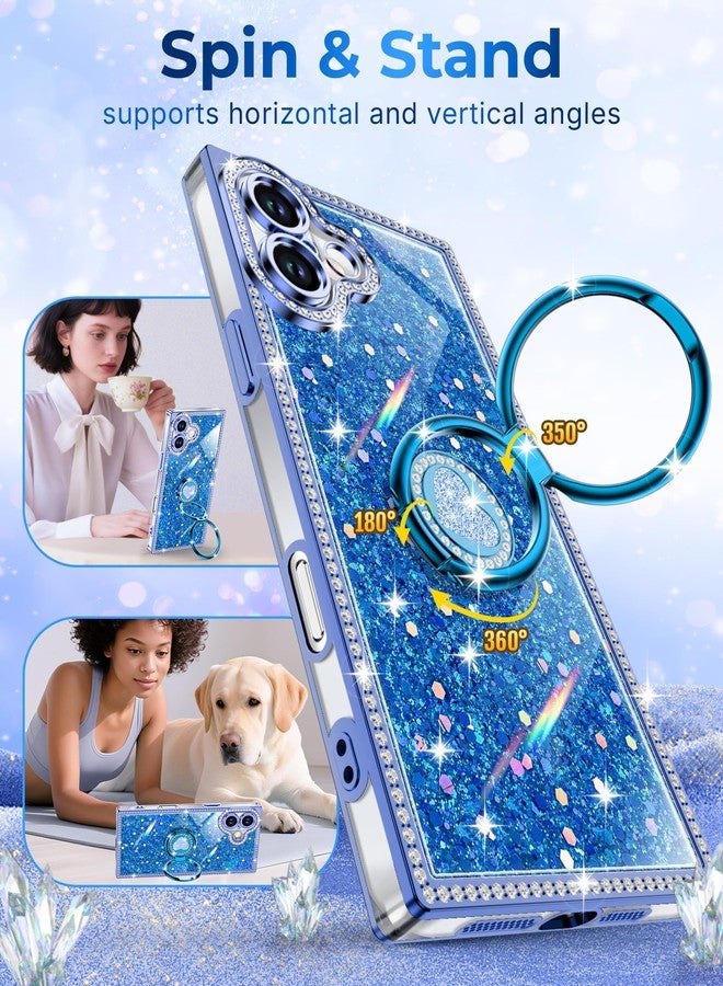 XYZ for iPhone 17 Case, Glitter Bling Phone Cover with 2-Ring Heart Stand & Lanyard, Women Girls Luxury Rhinestone Shockproof Protective Case for iPhone 17, Blue - Image 3