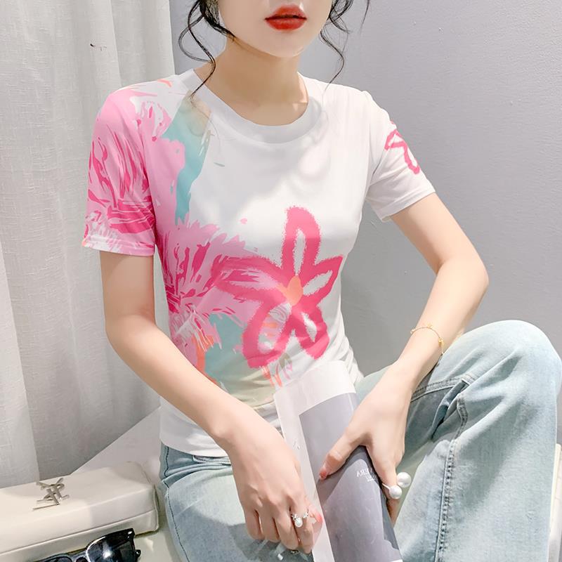 Round Neck High Elastic Mesh T-Shirt For Women 2024 Summer Pattern Printing Fashionable Elegant Short-Sleeved Fashionable Slim Bottoming Shirt - Image 5