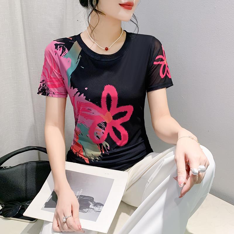 Round Neck High Elastic Mesh T-Shirt For Women 2024 Summer Pattern Printing Fashionable Elegant Short-Sleeved Fashionable Slim Bottoming Shirt - Image 3