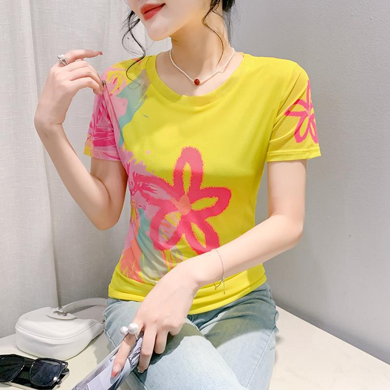 Round Neck High Elastic Mesh T-Shirt For Women 2024 Summer Pattern Printing Fashionable Elegant Short-Sleeved Fashionable Slim Bottoming Shirt - Image 1