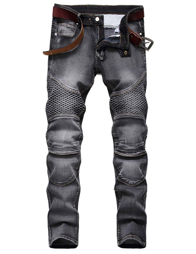 DSDZ Mens Streetwear Patchwork Pleated Stretch Ripped Biker Jeans Denim Pants Grey 40