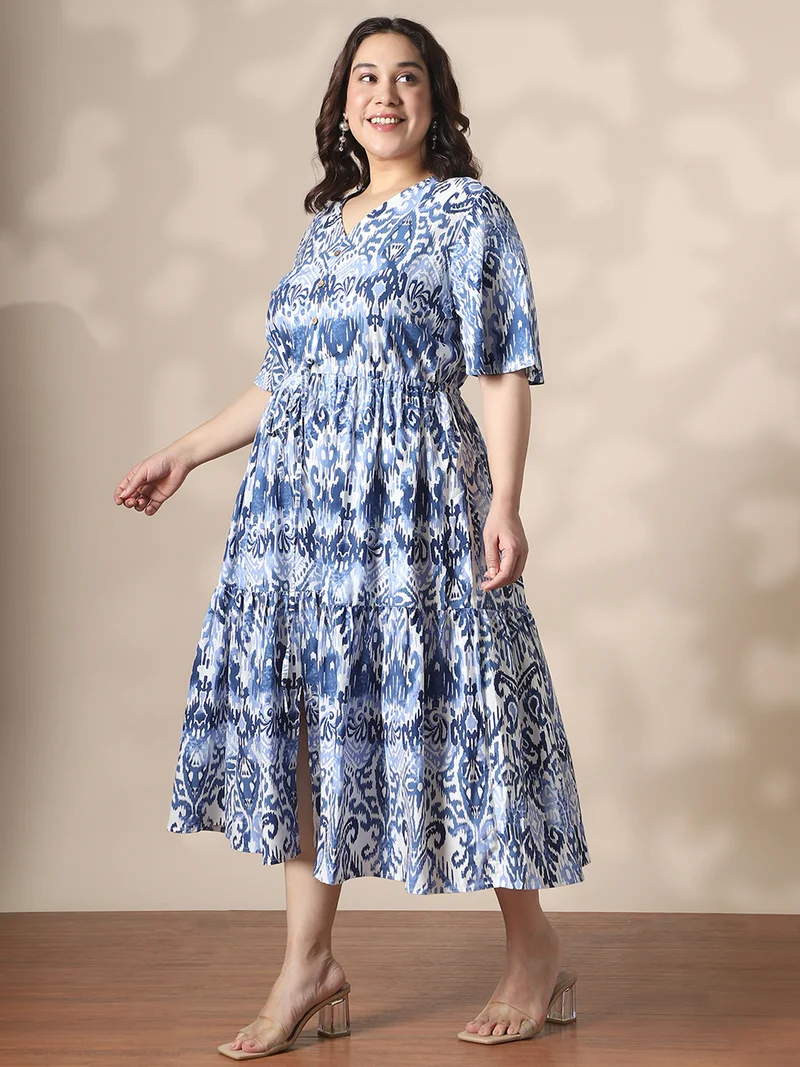 globus Globus Gloplus Women Blue Ethnic Motif V-Neck Flared Sleeves Waist Tie-Ups Fit & Flare Tiered Plus Size Midi Dress