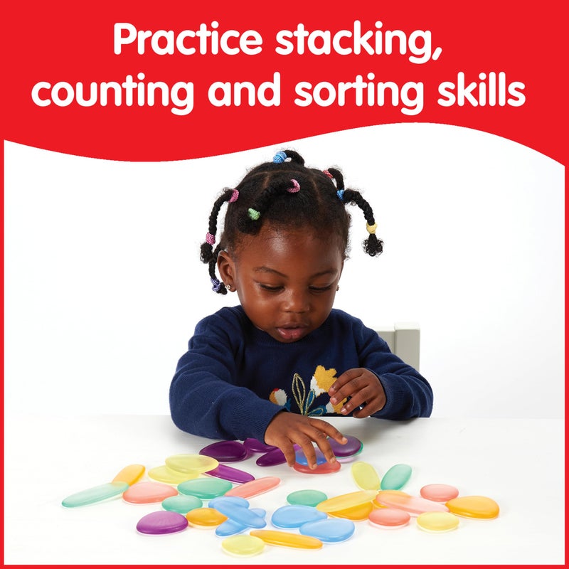 Rainbow Pebbles edxeducation-13228 Junior Rainbow Pebbles - Clear Colors - Mini Jar - Ages 18M+ - Sorting and Stacking Stones - Early Math Manipulative for Children - First Counting and Construction Toy - Image 5