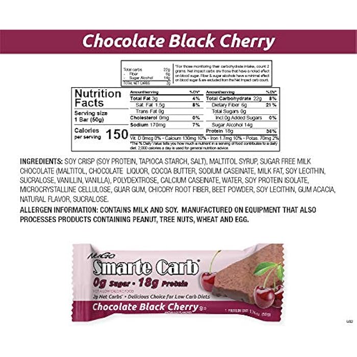 NuGo Smarte Carb Chocolate Black Cherry, 18g Protein, 0g Sugar, 2g Net Carbs, 150 Calorie, 12 Count - Image 2