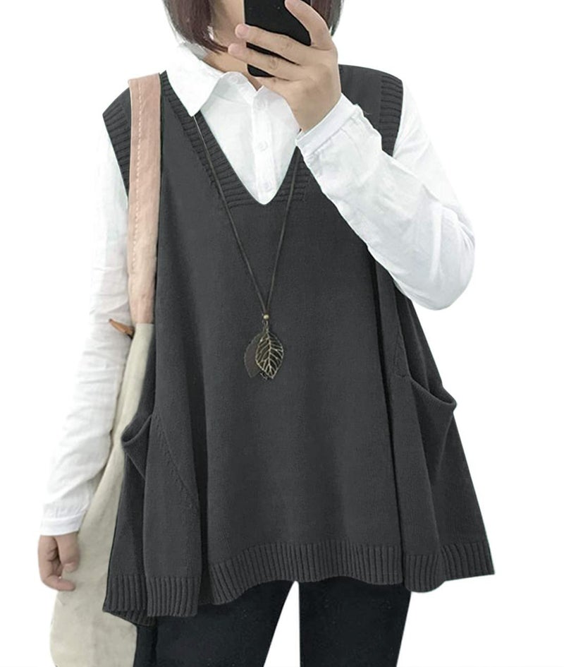 YESNO Sweater Vest Women Loose Swing Cotton Cute Oversized Knit Pullover Sleeveless Sweater Tops with Drop Pockets L WM9 Gray - Image 1