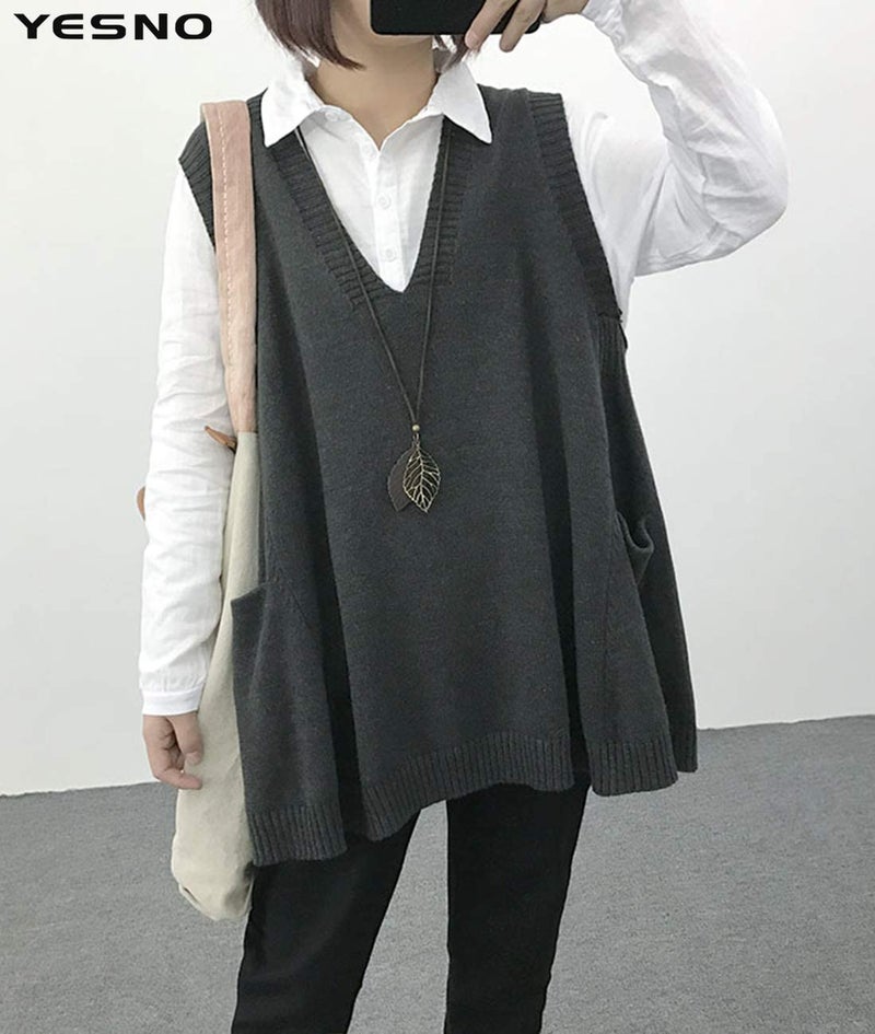 YESNO Sweater Vest Women Loose Swing Cotton Cute Oversized Knit Pullover Sleeveless Sweater Tops with Drop Pockets L WM9 Gray - Image 3