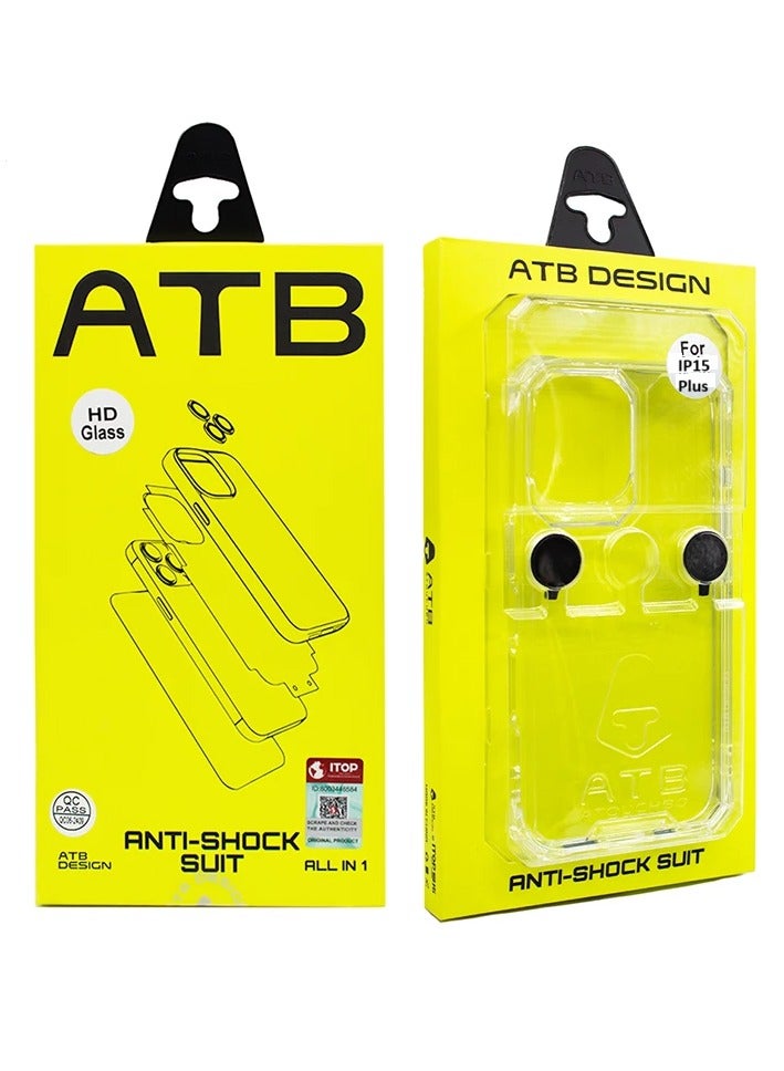 اي تي بي طقم حماية شامل 6 في 1 ايفون 15بلس تركيب سهل فائق الدقة مع واقي شاشة زجاجي شفاف يمنحك حماية متكاملة وسهلة التركيب من جميع الجوانب. يشمل واقي شاشة زجاجي شفاف عالي الجودة، كفر بلاستيكي شفاف، حماية عدسات الكاميرا، لزقات حماية قماشية لفتحات السماعة من الغبار، إطار مغناطيسي لتثبيت الكفر، ولزقة حماية للظهر. - Image 1