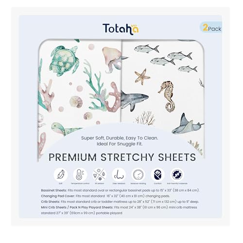TotAha Crib Sheets for Boys Girls, Premium Soft Crib Mattress Fitted Sheet, Super Stretchy Jersey Knit Baby Sheets, Silky Comfort Baby Bed Sheets 28x52x9 Extra Deep Pocket, 2 Pack (Sea Animal) - Image 1