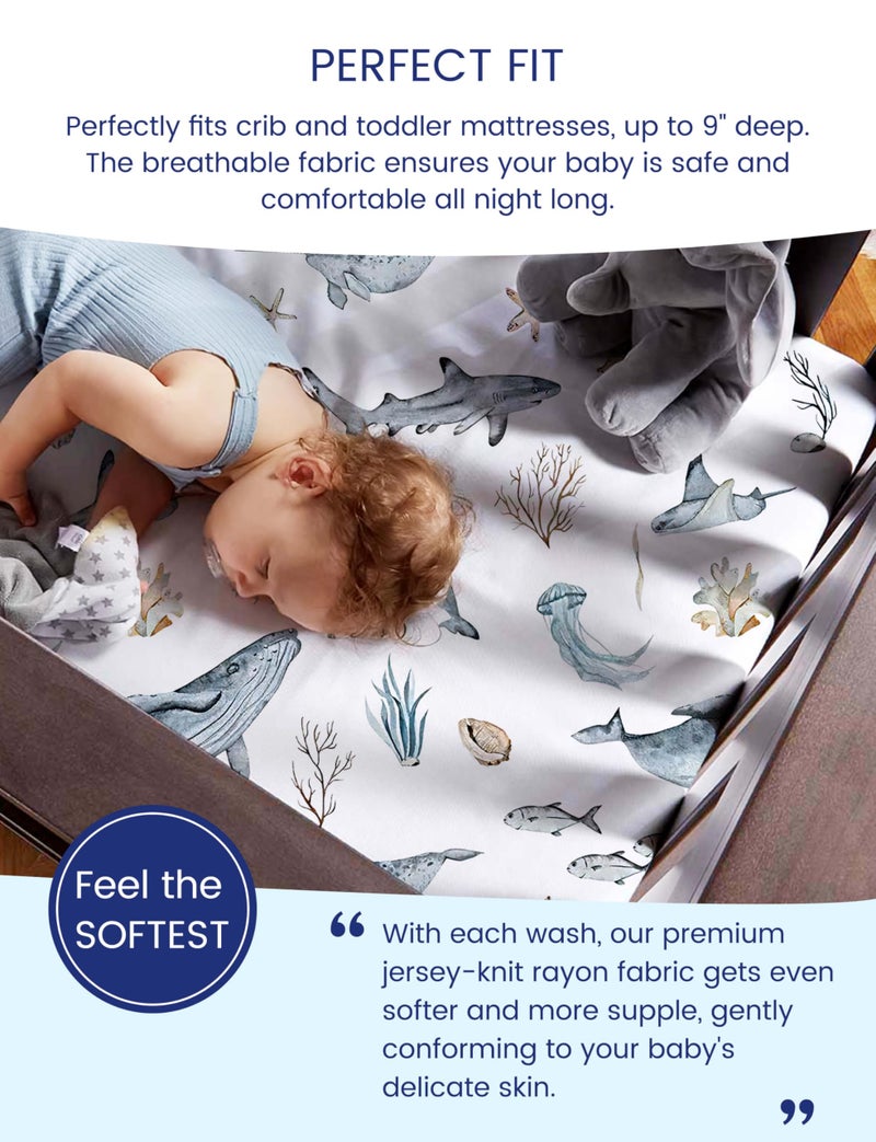 TotAha Crib Sheets for Boys Girls, Premium Soft Crib Mattress Fitted Sheet, Super Stretchy Jersey Knit Baby Sheets, Silky Comfort Baby Bed Sheets 28x52x9 Extra Deep Pocket, 2 Pack (Sea Animal) - Image 2