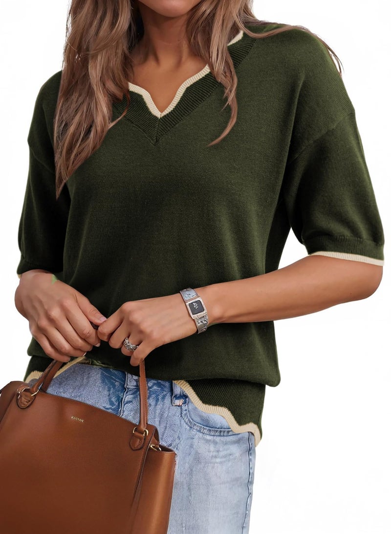 Dokotoo Womens Sweaters Tops for Women 2026 Trendy Ladies Fashion Spring V Neck Short Sleeve Pullovers Tunic Tops and Blouses Solid Pullovers Work Business Loose Pullovers Casual Outfits Green XXL - Image 5