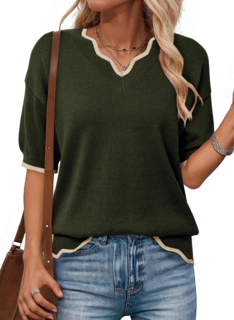 Dokotoo Womens Sweaters Tops for Women 2026 Trendy Ladies Fashion Spring V Neck Short Sleeve Pullovers Tunic Tops and Blouses Solid Pullovers Work Business Loose Pullovers Casual Outfits Green XXL - Image 4