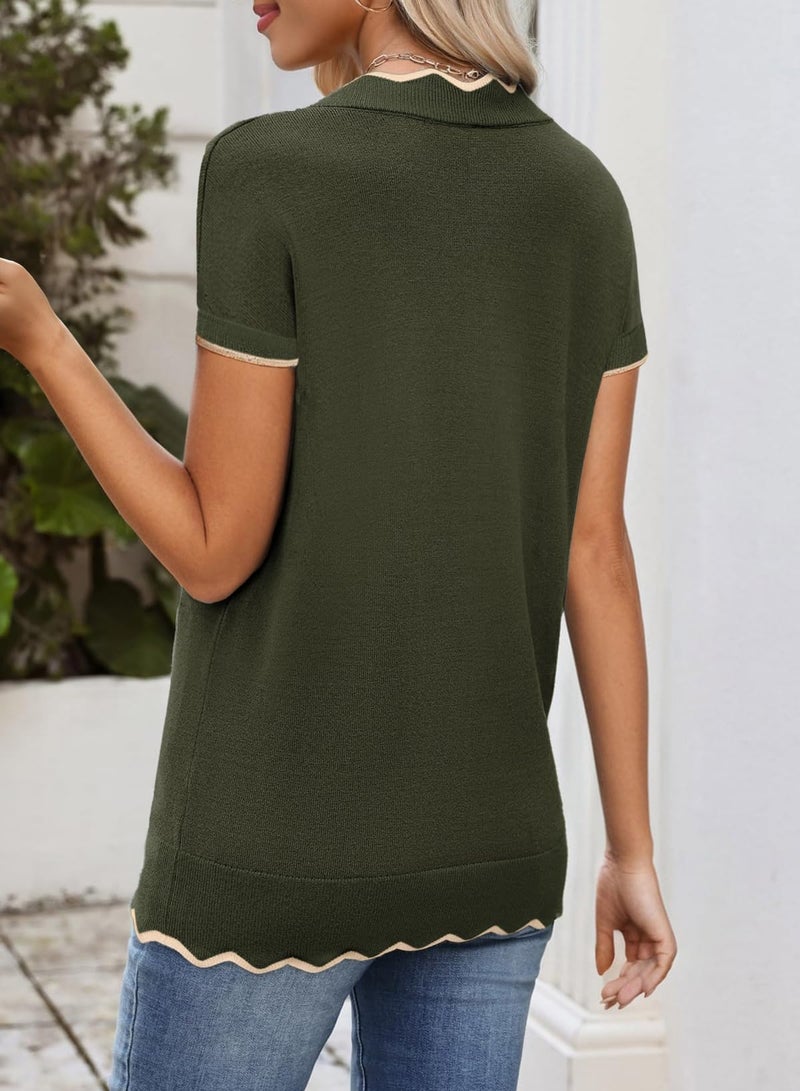 Dokotoo Womens Sweaters Tops for Women 2026 Trendy Ladies Fashion Spring V Neck Short Sleeve Pullovers Tunic Tops and Blouses Solid Pullovers Work Business Loose Pullovers Casual Outfits Green XXL - Image 2