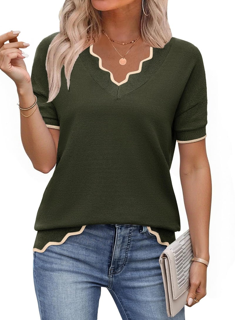 Dokotoo Womens Sweaters Tops for Women 2026 Trendy Ladies Fashion Spring V Neck Short Sleeve Pullovers Tunic Tops and Blouses Solid Pullovers Work Business Loose Pullovers Casual Outfits Green XXL - Image 3