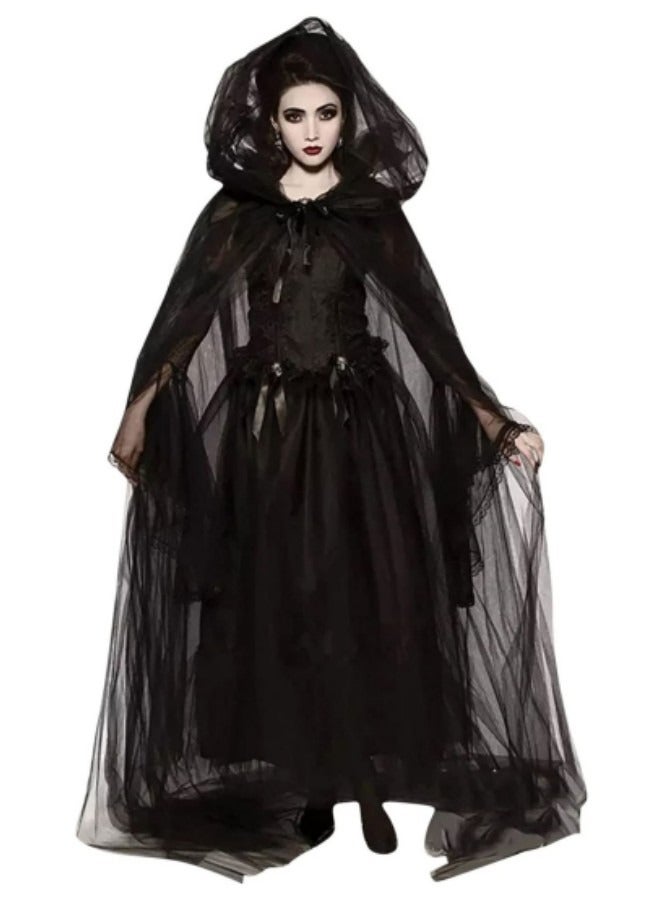 Women's Black Hooded Cape, Party Costume Black Long Veil Tulle Ghost Bride Costume - Image 1