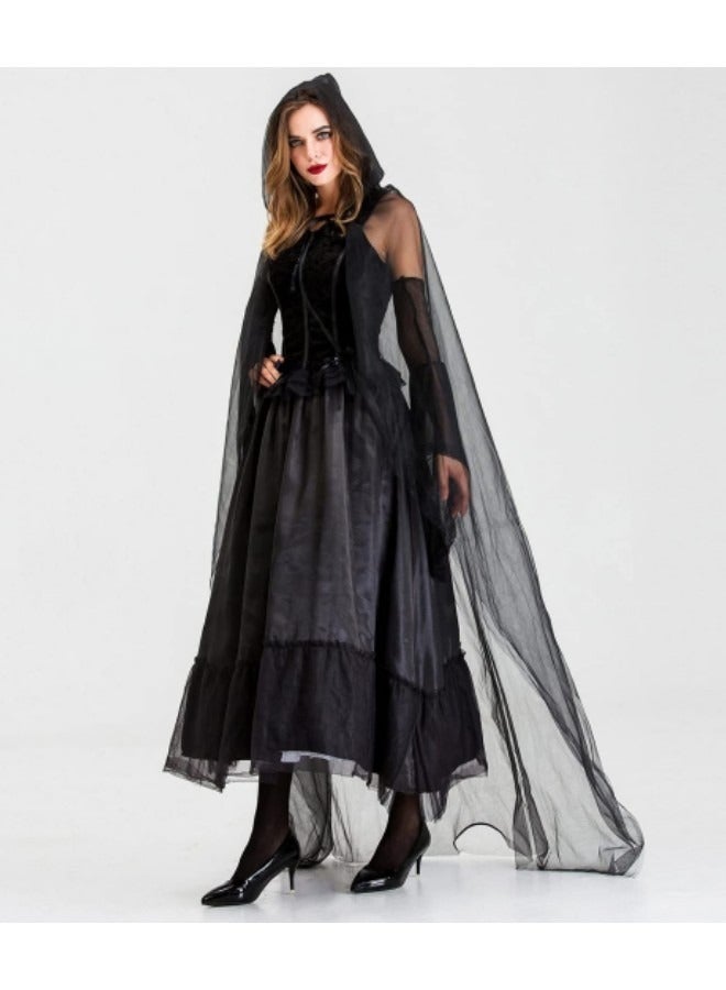Women's Black Hooded Cape, Party Costume Black Long Veil Tulle Ghost Bride Costume - Image 4
