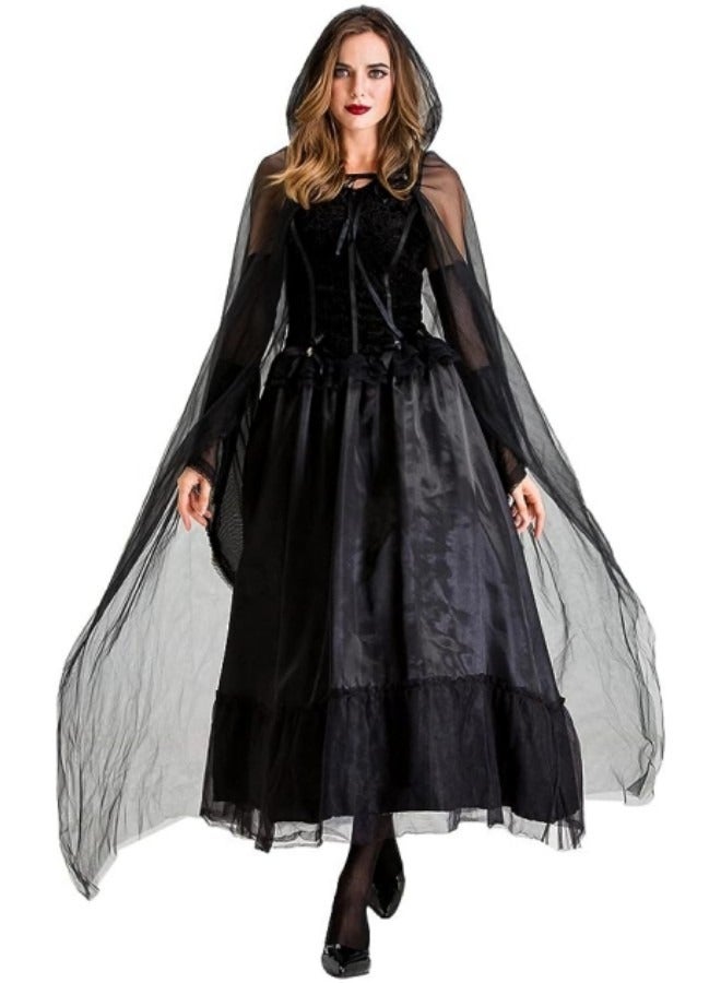Women's Black Hooded Cape, Party Costume Black Long Veil Tulle Ghost Bride Costume - Image 2