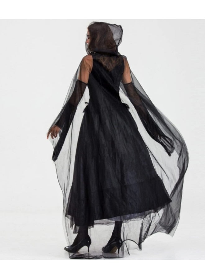 Women's Black Hooded Cape, Party Costume Black Long Veil Tulle Ghost Bride Costume - Image 5