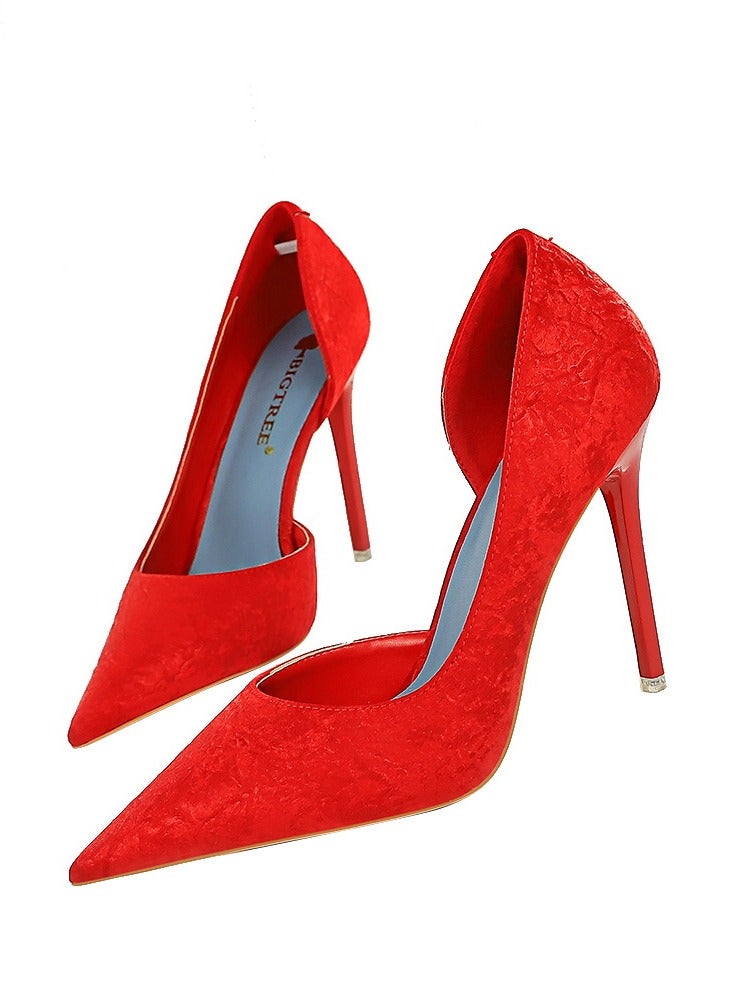 BIGTREE Women's Fashionable And Elegant Side Hollow Stiletto Pumps 10.5 cm Elegant Gorgeous Closed Pointed Toe Slip On Solid High Heels Red - Image 1