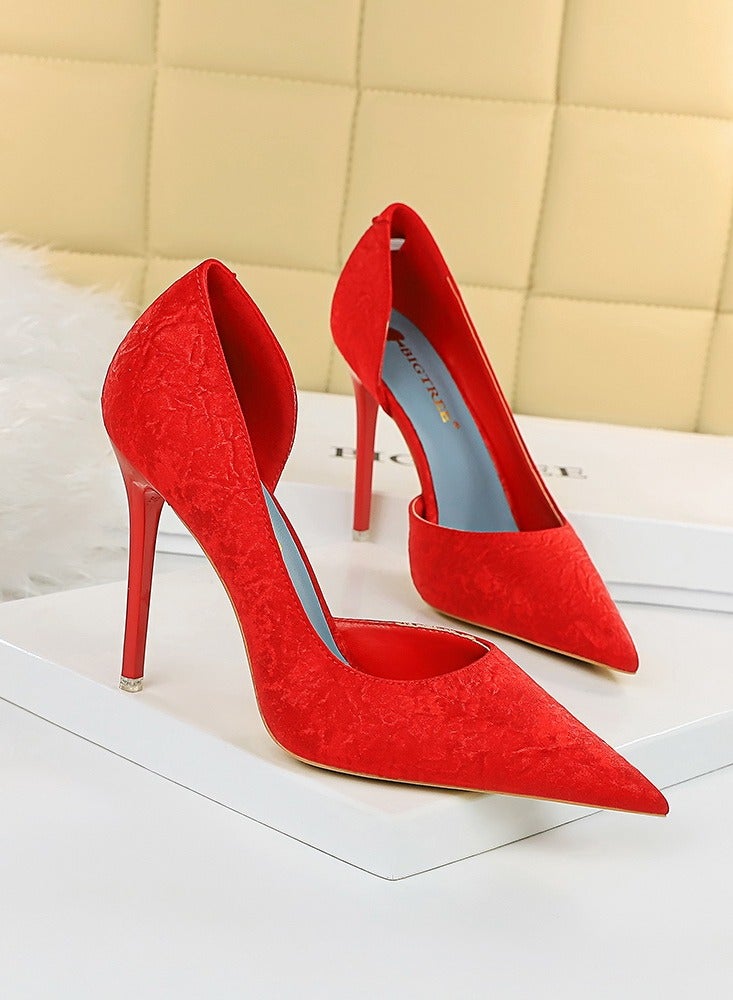 BIGTREE Women's Fashionable And Elegant Side Hollow Stiletto Pumps 10.5 cm Elegant Gorgeous Closed Pointed Toe Slip On Solid High Heels Red - Image 2