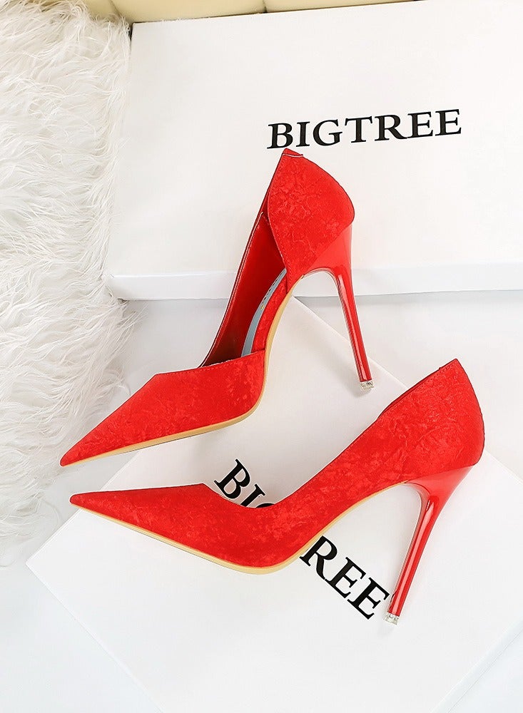 BIGTREE Women's Fashionable And Elegant Side Hollow Stiletto Pumps 10.5 cm Elegant Gorgeous Closed Pointed Toe Slip On Solid High Heels Red - Image 3