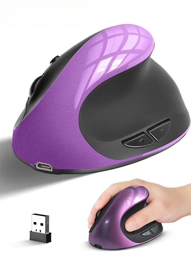 EETU Ergonomic Mouse,Rechargeable Vertical Wireless Mouse,2.4GHz Wireless Optical Mice With USB Receiver,6 Buttons,3 Adjustable 800-1200-1600 DPI For Laptop Desktop PC MacBook,Purple - Image 1