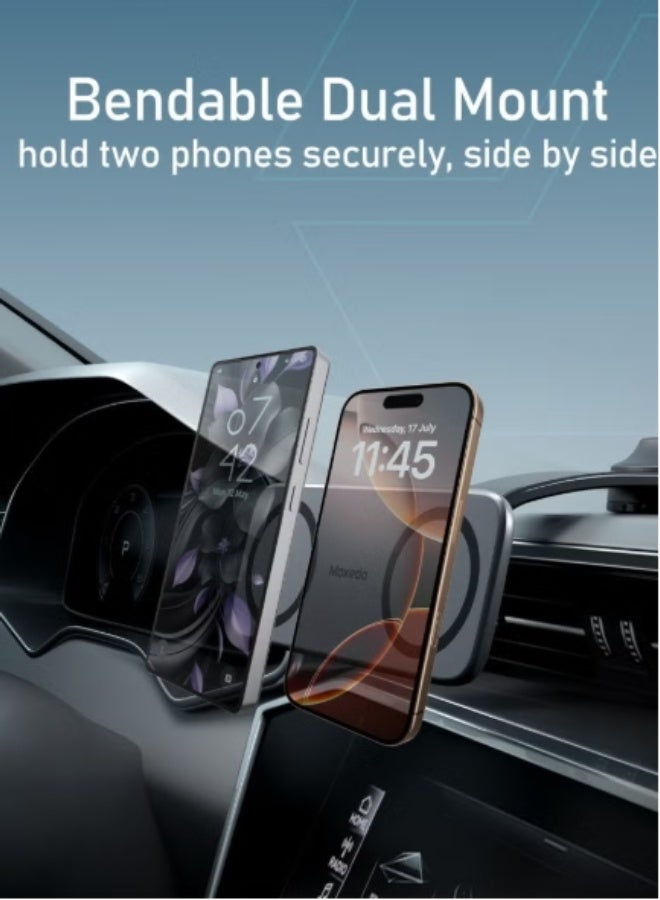 Moxedo Duo-Magnetic Car Mount Holder Bendable Dual Phone Holder 360 Rotating Base Strong Magnetic Absorption Compatible All iOS and Android - Image 2