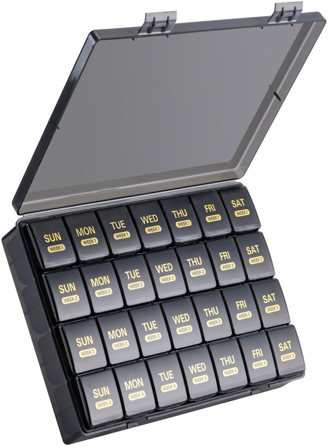 MODENGKONGJIAN Monthly Pill Organizer, 28 Day Pill Box 1 Time a Day with Dust-Proof Case, Large 4 Weeks a Month Pill Case Container, Daily Vitamin Case Box for Pills/Medicine/Fish Oil/Supplements（Black） - Image 1