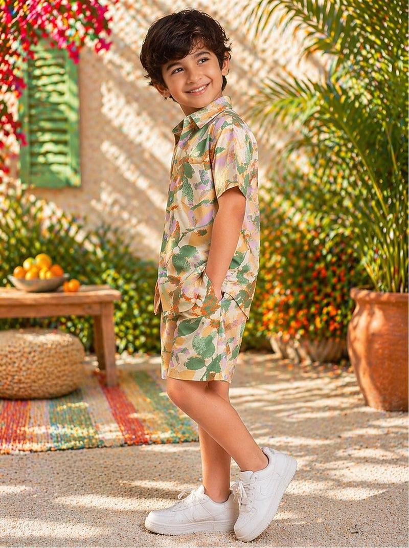 superminis Boys Coordinated Set With Printed Rayon Shirt and Shorts (6-7 Years, Green) - Image 4