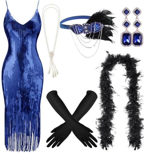 Tisancy 7 Pcs 1920s Women's Flapper Dress Sequin Dress Costume Headwear Earring Necklace Glove Stick Set and Long Feather Boa (Royal Blue,Small) - Image 1