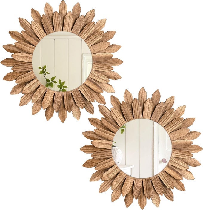 2 PACK BOHO WALL DECOR SUNBURST MIRROR 12 INCH RUSTIC ROUND WOOD MIRROR BOHO MIRROR FARMHOUSE WALL DECOR FOR BEDROOM LIVING ROOM ENTRYWAY