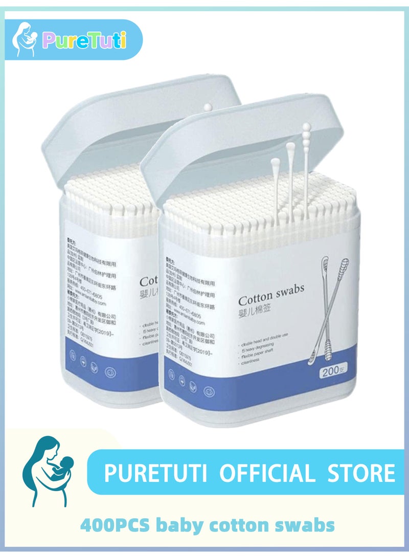 PureTuti 400Pcs Baby Cotton Swabs, Ear Cleaners, Biodegradable Baby Cotton Buds Kids Safety Swabs, Made of Safe Cotton, Double-headed Design, Applicator Cleaning Sticks Wax Cleaner for Baby Ear Nose Clean，2PCS - Image 1