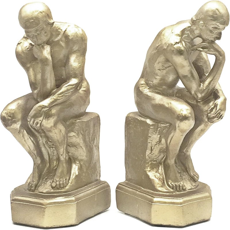 Bellaa 25594 Thinker Bookends 9 inch Big Unique Book Ends Nonskid Heavy Duty Shelves Stoppers Holder Collectible Rodin Auguste Statue Vintage Gold Rustic Cool Sculptures Figurine Museum Grade