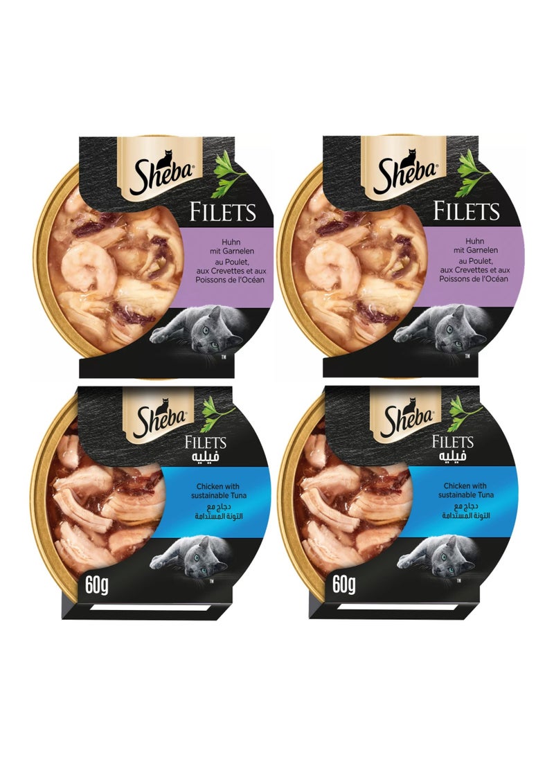 Sheba Sheba Chicken Fillet Wet Cat Food with Sustainable Tuna, Cat Food Made with Natural Chicken Breast This wet food from Sheba is made for reliable consumption, rich in the essential nutritional requirements of cats, Dom 60g 2 Pack + Sheba Chicken Fillet with Shrimp Wet Cat Food Tuna 60g 2 Pack 