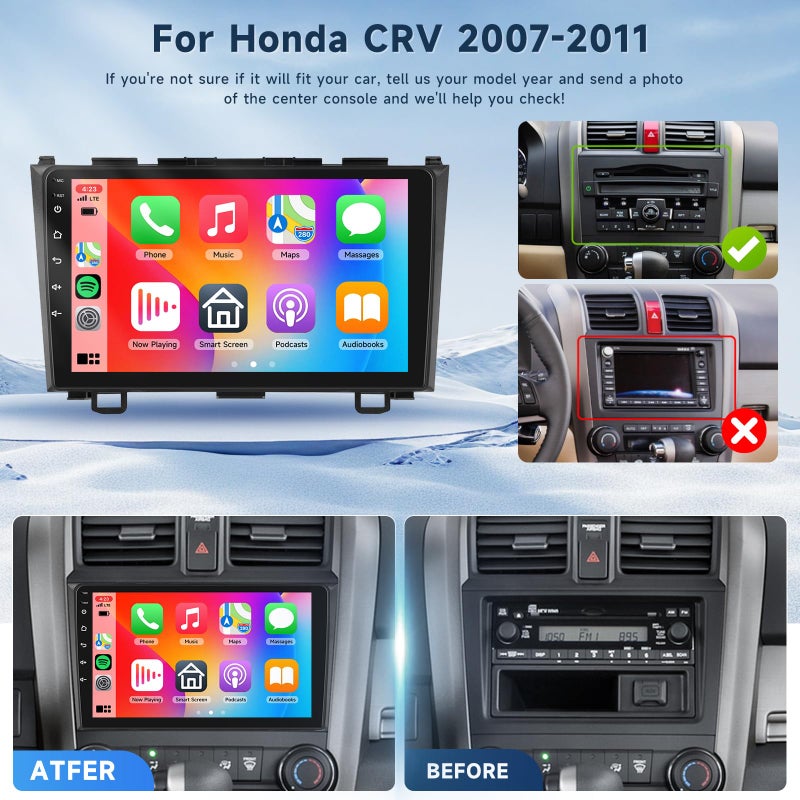 VECHTEL 4 Core+64G Car Stereo for Honda CRV 2007-2011, Wireless Carplay Android Auto, 9 Inch Android 13 Touch Screen Radio Support GPS, WiFi, Bluetooth, SWC, EQ, Backup Camera - Image 2