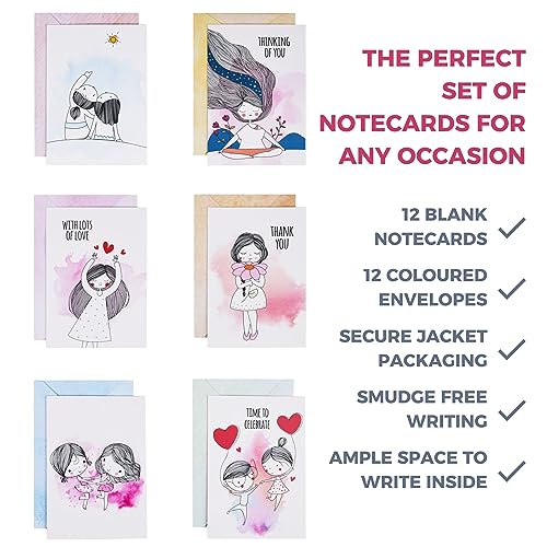 DOODLE Set of 12 Blank Notecards | Coloured Envelopes | Jacket Style Packaging | 6 Different Designs for all Occasions | 3 x 4.25 inches, 160 gsm - You and Me - Image 3