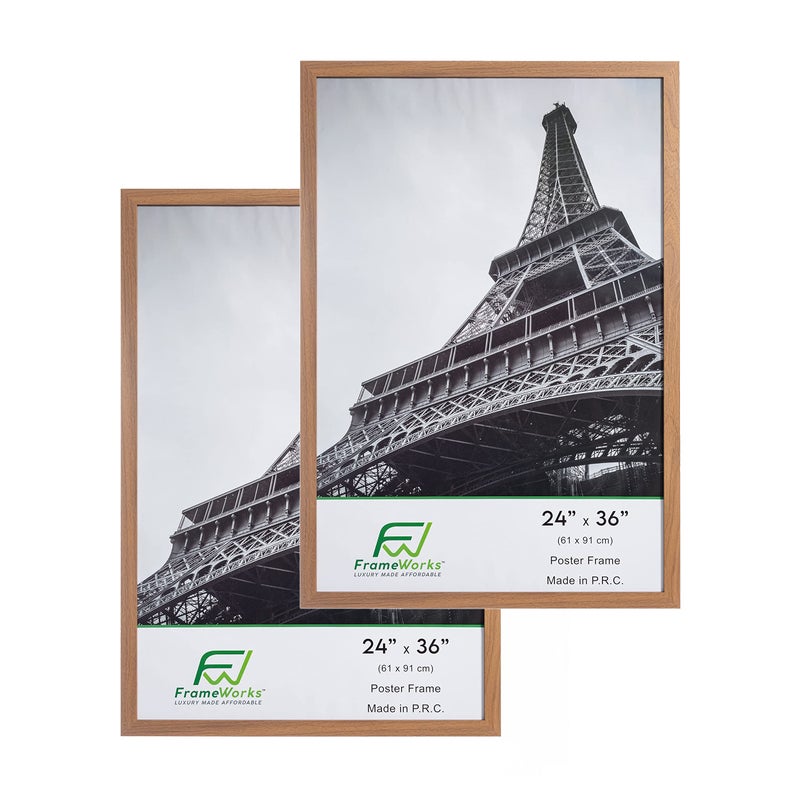 FrameWorks 24x36 Wooden Poster Frame Classic Golden Oak Matte Edged Frames wShatterproof Acrylic Glass Photos Posters Prints Wall Decor  Home Office Gallery Display  Golden Oak  2 Pack