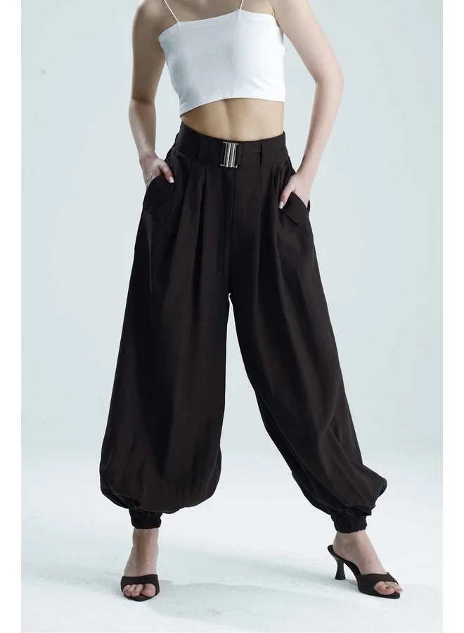 GACACOLLECTION BONITA High-Waist Buckle Pocketed Trousers Brown Pants.