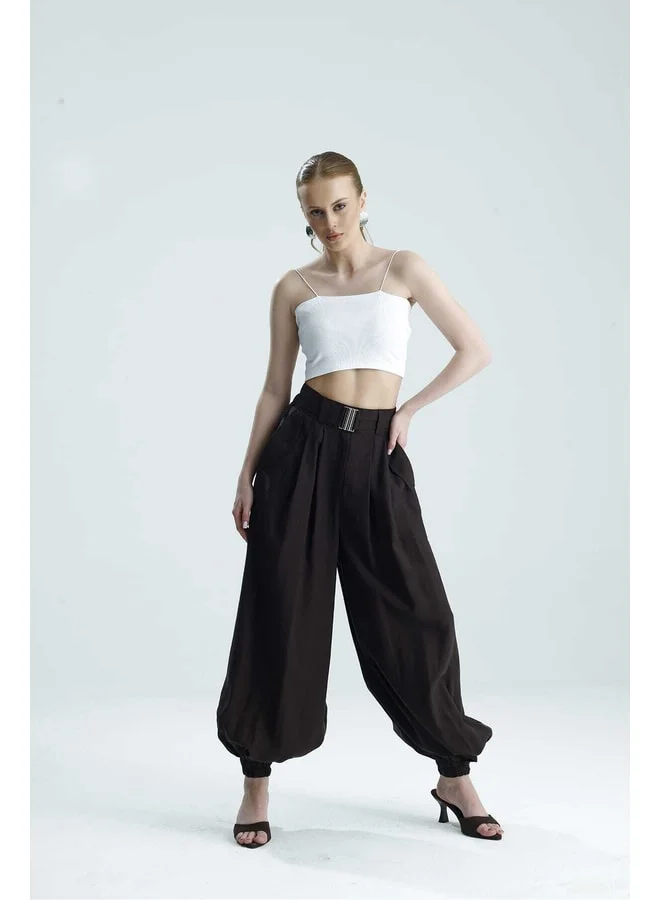 GACACOLLECTION BONITA High-Waist Buckle Pocketed Trousers Brown Pants.