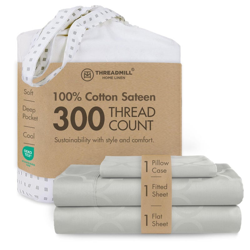 Threadmill Cotton Queen Sheet Set | 100% Cotton Sheets for Queen Size Bed | Damask Jacquard Queen Bed Sheets Set with 16â€ Deep Pocket | Soft Sateen Weave 4-Piece Cooling Bedding Set | Light Grey - Image 1