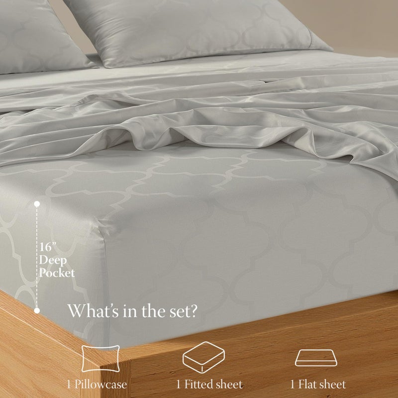 Threadmill Cotton Queen Sheet Set | 100% Cotton Sheets for Queen Size Bed | Damask Jacquard Queen Bed Sheets Set with 16â€ Deep Pocket | Soft Sateen Weave 4-Piece Cooling Bedding Set | Light Grey - Image 3