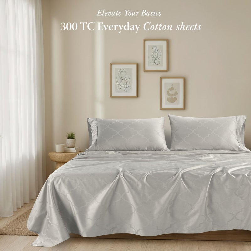 Threadmill Cotton Queen Sheet Set | 100% Cotton Sheets for Queen Size Bed | Damask Jacquard Queen Bed Sheets Set with 16â€ Deep Pocket | Soft Sateen Weave 4-Piece Cooling Bedding Set | Light Grey - Image 2